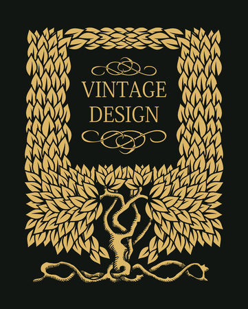 Beautiful Vintage floral frame with copy space for text with tree - monogram design element. Vector illustration.のイラスト素材