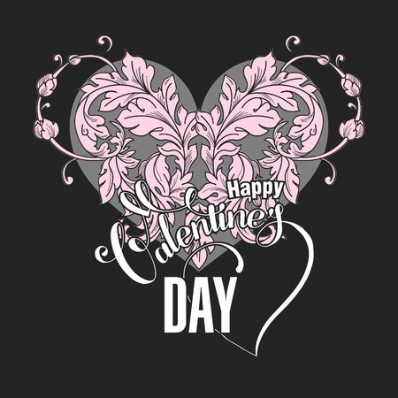 Valentines day lettering greeting card with floral design elements and heart. Vector illustrationのイラスト素材