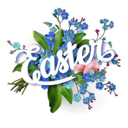 Easter lettering  greeting card with egg and forget-me-not flowersのイラスト素材