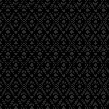 Black seamless casino gambling poker background or damask pattern and cards symbolsのイラスト素材