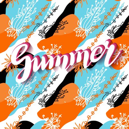 It is summer time abstract lettering background. Vector illustration. Summer on seamless floral...