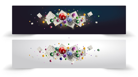 Vector illustration of flying Bingo or lottery balls and cards. Site banner or head. Bingo or lottery design with copy space for text. Bingo design in two various colors.のイラスト素材