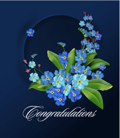 Floral wreath with spring flowers. Forget me not circular frame. Vector illustration. Blue flowers on dark background. Spring flowers. Greeting card or wedding invitation template.のイラスト素材