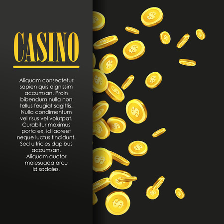 Casino Poster Background or Flyer with Flying Golden Money Coins. Vector Template. Casino Banner. Casino Games Gambling Template background.のイラスト素材