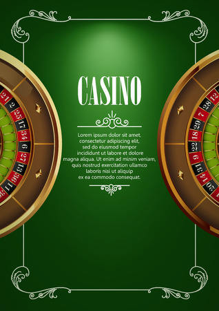 Casino Logo Poster Background or Flyer with Roulette Wheel . Banner with Casino Logo Badges. Game Cards on Green Canvas. Playing Casino Games. Casino Banner. Casino Games Gambling Template background.のイラスト素材