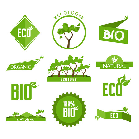 Green bio eco labels and badges set with leaves for organic, natural, bio and eco friendly products. Vector illustration. Isolated on white background.のイラスト素材