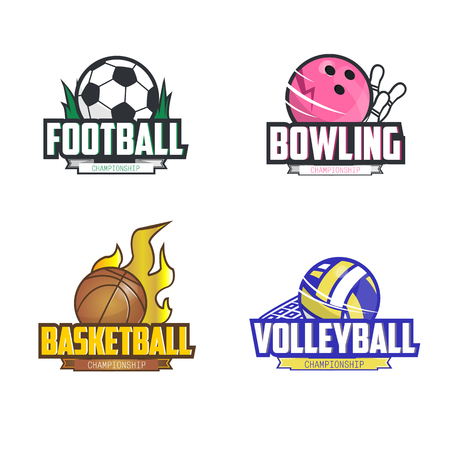 Sport  set for four sport disciplines: football, bowling, basketball, volleyball. Vector illustration. Isolated on white.のイラスト素材