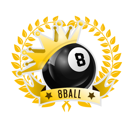 Vector Design Billiards, pool and snooker sport icon. Poolroom emblems design with balls, laurel wreath and golden crown. Vector Illustration. Isolated on White.のイラスト素材