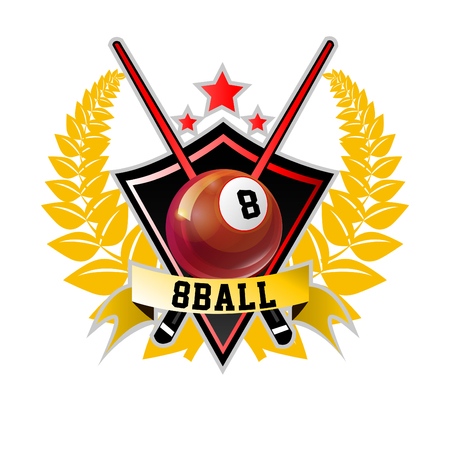 Vector Design Billiards, pool and snooker sport icon. Poolroom emblems design with balls, laurel wreath. Vector Illustration. Isolated on White.のイラスト素材