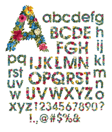 Floral alphabet. Uppercase and Lowercase Letters, Numbers Vector isolated illustration on white background.のイラスト素材