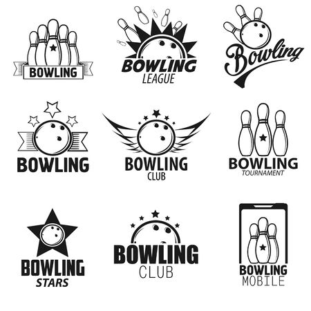 Bowling Labels,  Design Elements and Icons Set. Vector Illustration.  Black and White Isolated.のイラスト素材