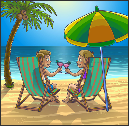 Summer tropical relax leasure scene on the beach. Happy couple are having fun on summer beach. Tourists on the beach. Vector Illustration.のイラスト素材