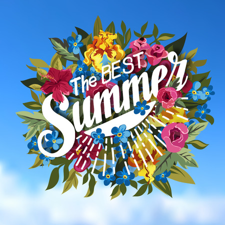 Summer Typographical Background With different Plants And Flowers. Summer flower bouquet. Vector Illustrationのイラスト素材