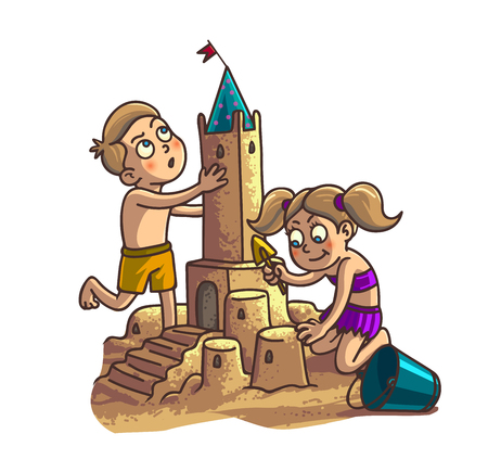 Summer fun sand castle. Cute cartoon little Happy kids Boy and girl are building sandcastle on a tropical beach with palm trees.のイラスト素材