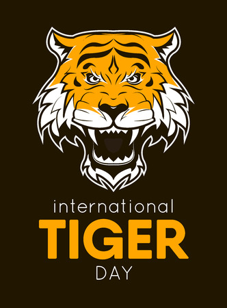 International Tiger day poster template with angry tiger head. Vector Illustration.のイラスト素材