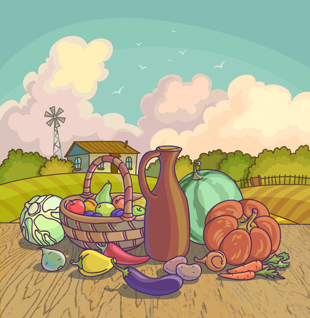 Harvesting autumn symbols fruits and vegetables, basket on farm background. Vector Illustration.のイラスト素材