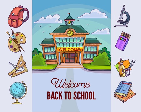 Back to school illustration. Building and supplies learning equipment or office accessories. Vector illustration.のイラスト素材