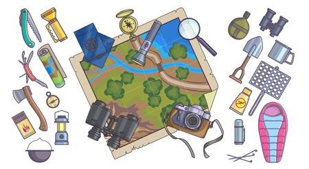 Map and hiking equipment info graphics,mountain icons. Vector set.のイラスト素材