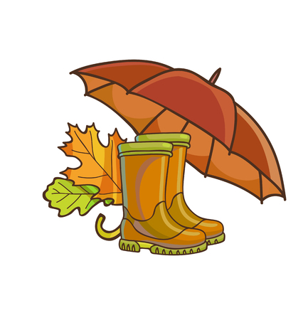 Autumn or fall concept with rain rubber boots, umbrella and yellow leaves. Vector Illustration. Isolated on white.のイラスト素材