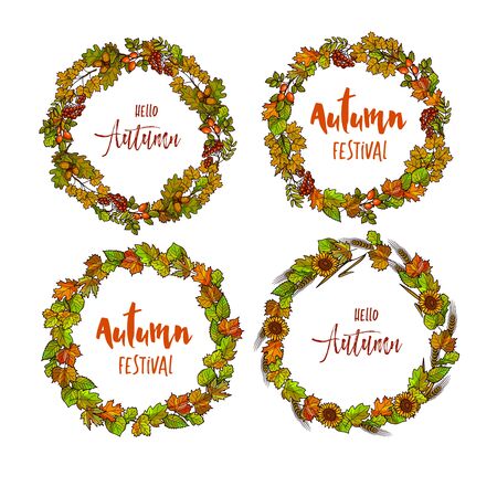 Autumnal or fall round frame background set. Wreath of autumn leaves. Vector illustration.のイラスト素材