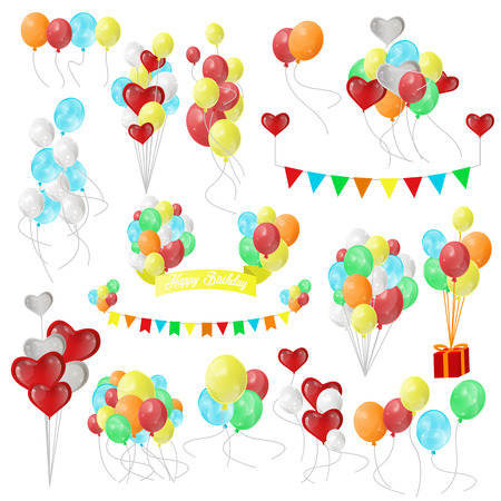 Color Glossy Balloons. Set for holiday, birthday balloons, flags, gift, card. Party design decoration elements. Vector illustration isolated on white backgroundのイラスト素材