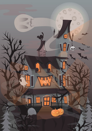 Halloween vector illustration with scary house, ghosts and pumpkin. Background with haunted house to dark night. Horror and creepy landscape.のイラスト素材