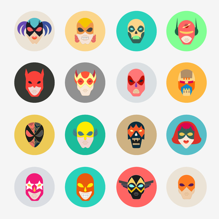Super hero masks for face character. Superhero flat icons. Symbol of strong and heroic savior. Vector illustration isolated on whiteのイラスト素材
