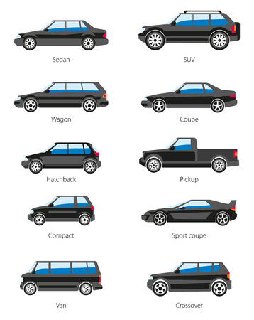 Vector set of car bodies in black color. Different car types icons: sedan, suv, wagon, coupe, hatchback, pickup, compact, sport coupe, van, crossover. Flat style. Isolated on white.