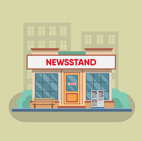 Newsstand selling newspapers and magazines in town. Vector illustration.のイラスト素材