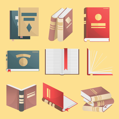 Books icons set. Books stack, opened book, closed book, books shelf, knowledge concept. Flat design. Education and literature symbols. Vector illustration isolatedのイラスト素材