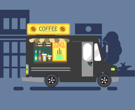 Cartoon style illustration of a coffee van side view. Vector Illustration.のイラスト素材