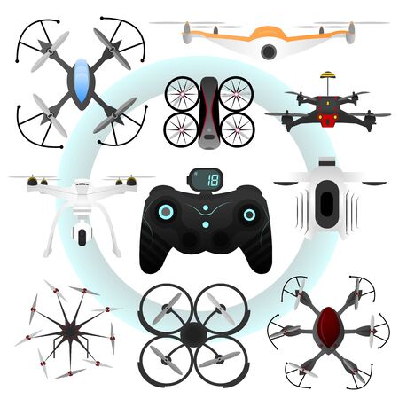 Set of vector drones. Collection of aerial vehicle with remote control: quadrocopter, helicopter, aircraft. Innovation technology concept. Flat isolated illustrationsのイラスト素材