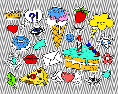 Fashion modern doodle cartoon patch badges or stikers with speach bubbles, stars, heart, lips and other elements. Set of cartoon pins in 80s 90s pop art. Vector Illustration.のイラスト素材
