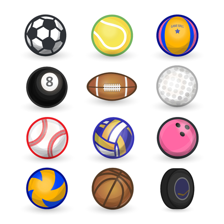 Vector set of sport balls: soccer, bowling, tennis, baseball, american football, golf, basketball, volleyball, hockey puck, rugby, bowling. Flat icons. Elements isolated on white backgroundのイラスト素材