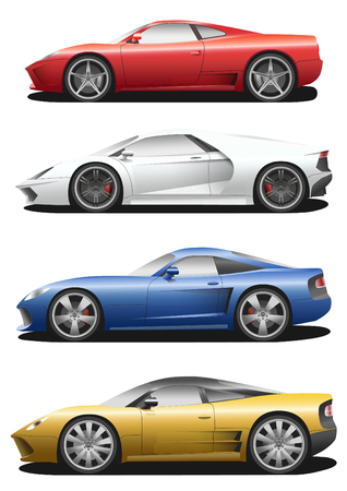 Vector set of cars. Sport automobile flat icons. Red, white, blue, yellow auto. Speed symbol. Flat design. Illustration isolated on white backgroundのイラスト素材