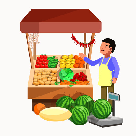 Vegetables and fruits product seller at the counter and stall. Vector shop in flat style. Kiosk with fresh vegetarian food products. Grocery store illustration.のイラスト素材