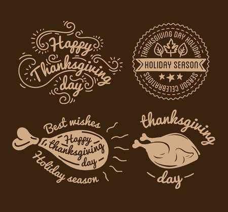 Set of labels design template to Thanksgiving Day. Black icons with turkey for banner and invitation. Vector tags, stickers and badges with symbols for fall holiday. Flat design. Illustration isolatedのイラスト素材