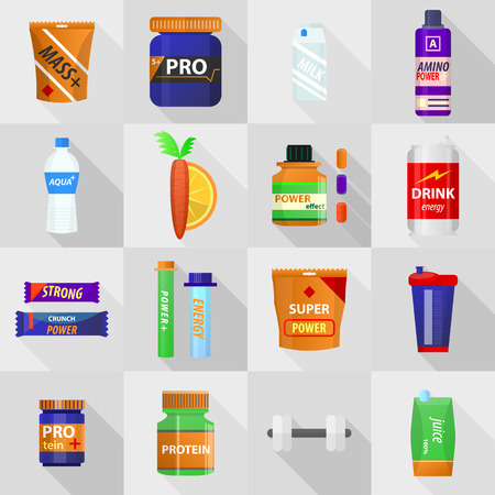 Set of bodybuilding sport food. Sports and fitness nutrition: proteine power drink, whey, gainer. Jars and bottles with supplements for muscle growth. Icons in flat style. Vector isolated illustrationのイラスト素材