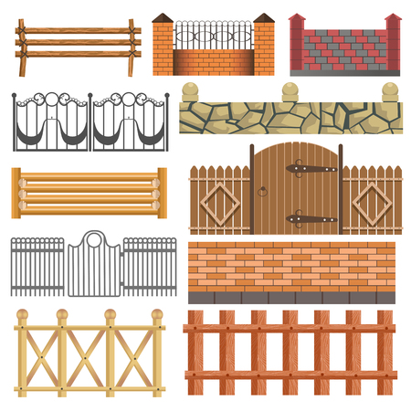 Set of different fence design wooden, metal, stone barriers. Vector fences and gates illustration isolated on white background. Outdoor architecture elementsのイラスト素材