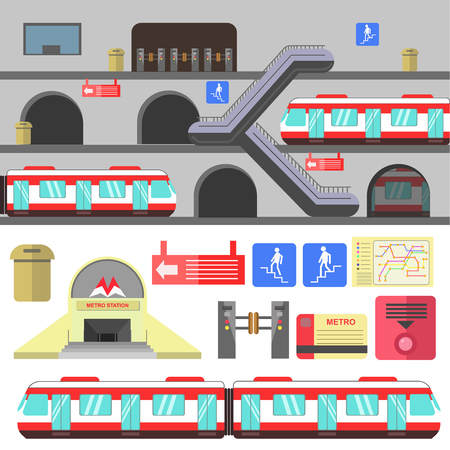 Metro rail station illustration. Vector subway flat icons. Set of underground symbols train, map, escalator, navigation signs, turnstile. Urban public transport. Isolated on white background.