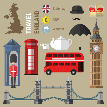 Set of London city symbols. England/United Kingdom vector illustrations. Travel icons: red bus and Tower Bridge, Big Ben and Queen, British flag and tea, telephone box and umbrella, map. Flat design.のイラスト素材