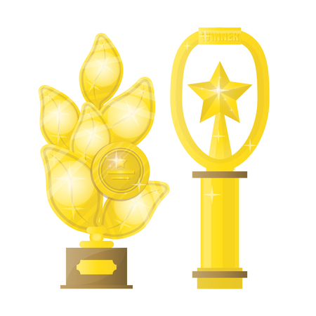 Award Set of trophies, medals, cup and trophy, icons and ribbons for winners in competitions. Award Icons in flat style. Isolated award illustrationsのイラスト素材