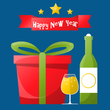 Happy New Year or Merry Christmas greeting card. Holiday illustration with gift box, bottle and glasses of champagne on blue background. Vector design for celebrationのイラスト素材