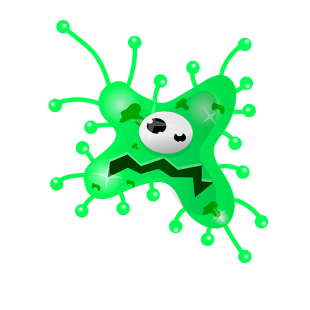 Cartoon bacteria, fun character, cute monster with shapes, colors and facial expression. Funny virus cell and microbe. Cartoon design. Vector isolated on white background.のイラスト素材