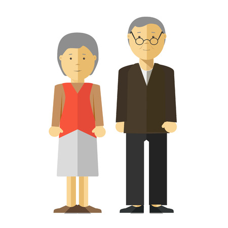 Old man and woman, seniors. Happy couple of elderly people: grandfather and grandmother. illustration with adult persons characters, isolated on white background.のイラスト素材