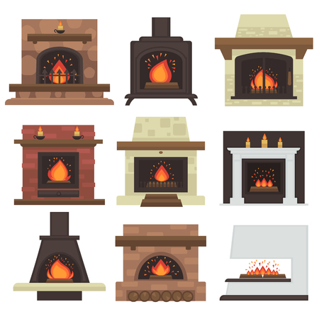 set of home fireplaces with fire. Different fireplaces wood burning and electric, coal and gas, bio-fuel stove. Flat icon design. Illustration isolated on white background.のイラスト素材
