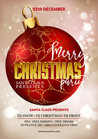 Merry Christmas party poster design template with decoration ball. Greeting messages and objects blurred background. Xmas design template.のイラスト素材