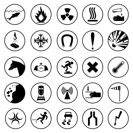 Set of warning and danger signs. Caution icons. Collection of attention symbols and hazard signals. Vector illustration isolated on whiteのイラスト素材