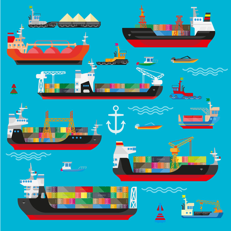 Ships, boats, cargo, logistics, transportation and shipping icons set. Vector flat illustration.のイラスト素材