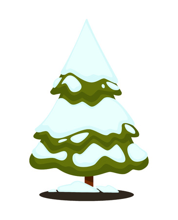 Merry Christmas greeting card. Winter holiday illustration with fir pine tree and snow on blue background. New Year or xmas symbol. Vector design for december celebration in cartoon style.のイラスト素材